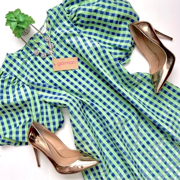 Gorman Stay in Check Mini Dress Puff Sleeve Green Blue Gingham Size 6 NWT - Picture 1 of 13